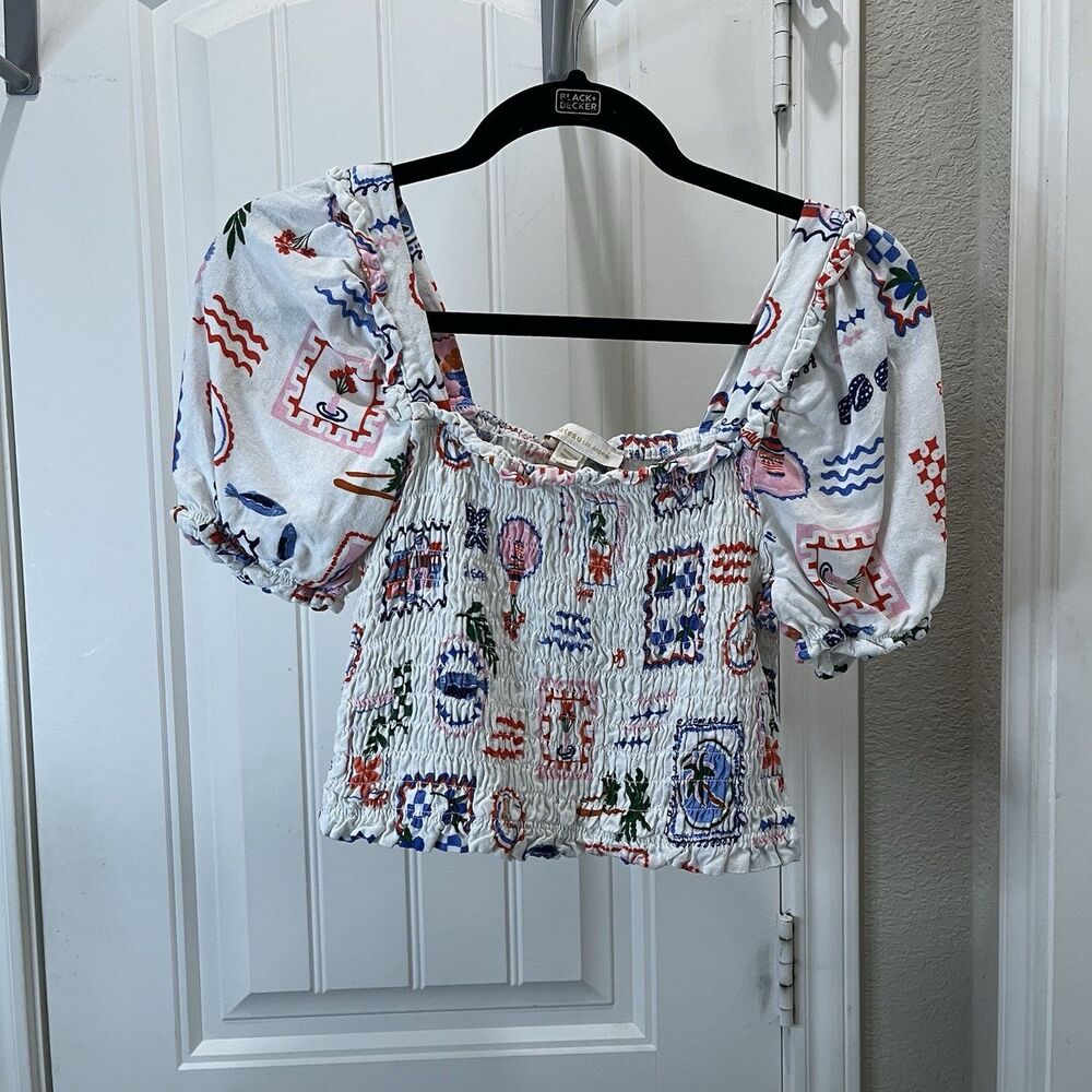Monteau LA Floral Smocked Linen Blend Crop Top Blouse Womens Size L Boho